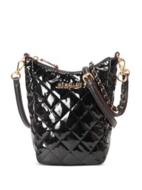 MZ Wallace Quilted Patent Go Mini Bag in Black with Gold Hardware